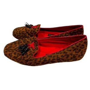 Dana Buchman Leopard Flats 8 | Red Slip-On Loafers | Beaded Tassels | Maximalist